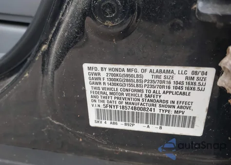 2004 Honda Pilot Ex-L from USA, damaged, VIN 5FNYF18574B008241